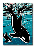 A greeting card featuring a stylized trio of orcas swimming in blue and teal water with white bubbles and curved wave lines.
