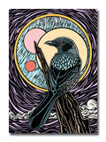 Artistic depiction of a bird on a branch with a stylized moon and cloud background