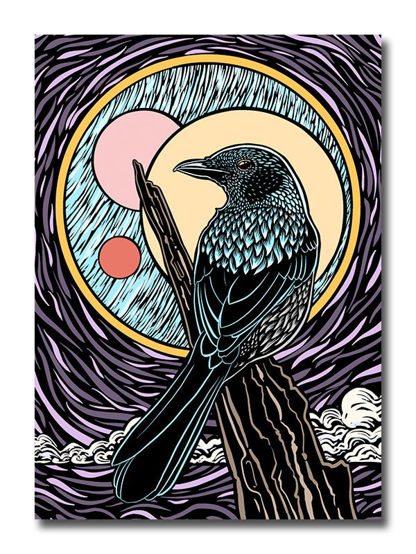 Artistic depiction of a bird on a branch with a stylized moon and cloud background